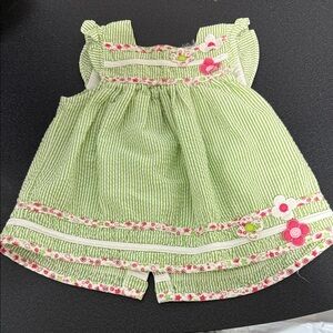 Charming Green Striped Baby Dress with Floral Details